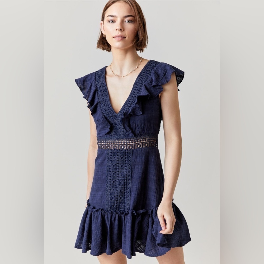 Blue Rain Crochet Flutter Sleeve Mini Dress in Navy Size Small